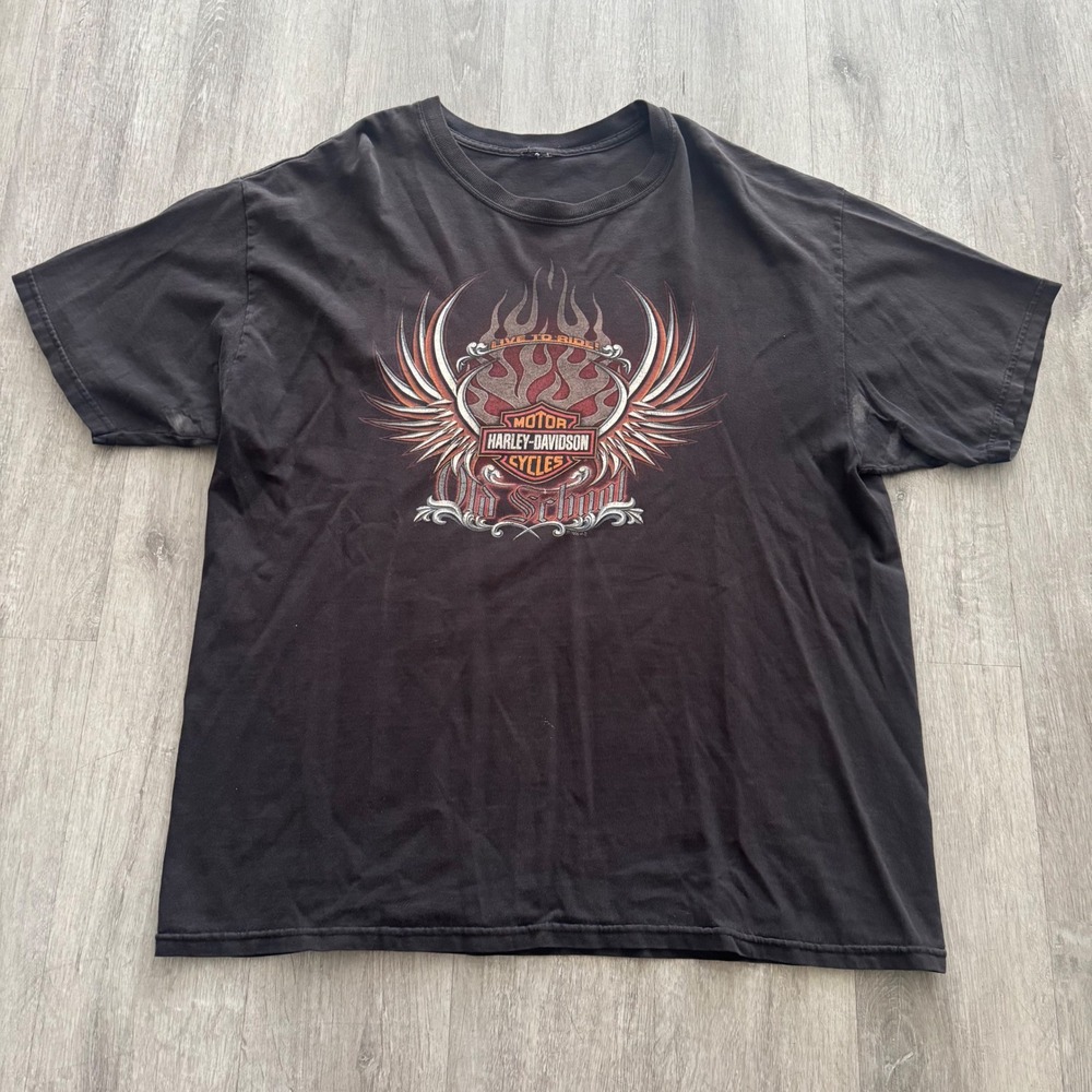 Y2K Harley-Davidson flames wings Graphic T-Shirt Mens XL Black Burton MI